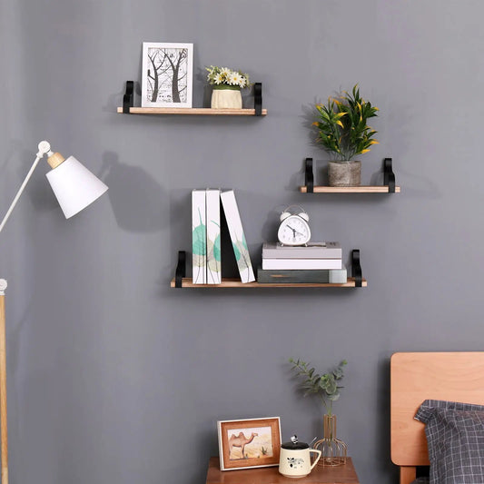 Floating wall shelves set of 3 natural wood with black brackets, displaying art, flowers, plant on Tampa Home & Garden Store