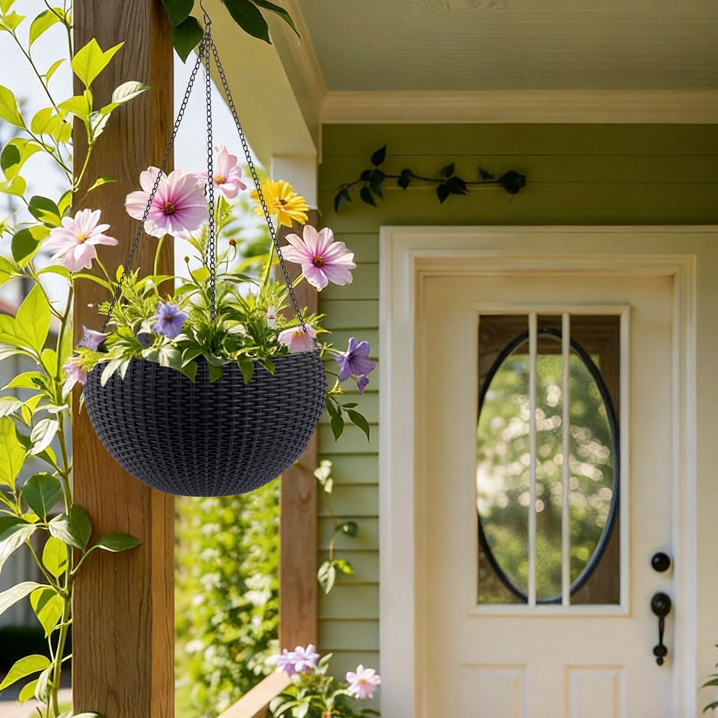 Self Watering Hanging Planter by HouseOfZazla, black woven wicker hanging basket with chains on Tampa Home & Garden Store