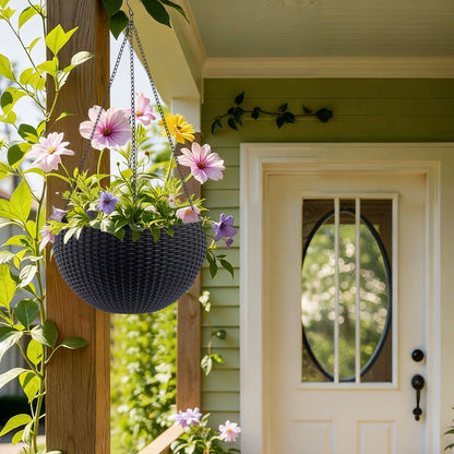 Self Watering Hanging Planter by HouseOfZazla, black woven wicker hanging basket with chains on Tampa Home & Garden Store