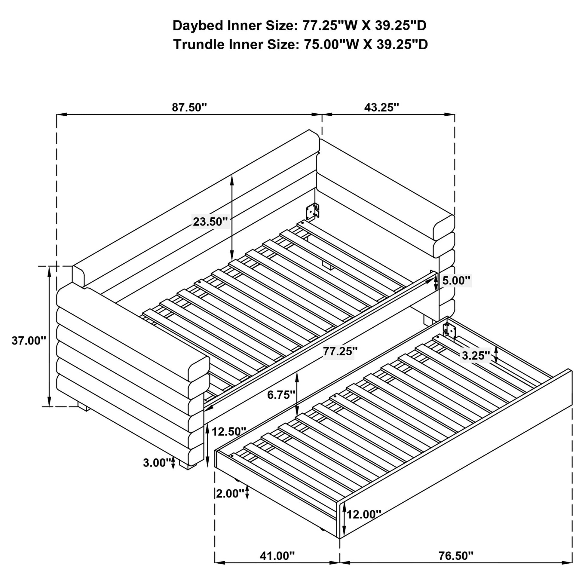 Fandango upholstered twin day bed with trundle in white, technical schematic with dimensions on Tampa Home & Garden Store