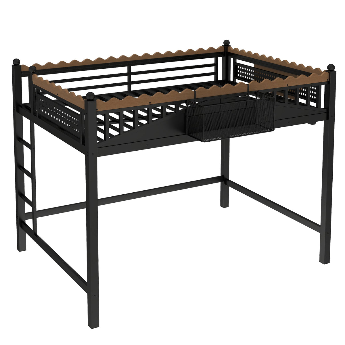 Full-size loft bed with ladders and storage, black metal frame with brown wood guard rails on Tampa Home & Garden Store