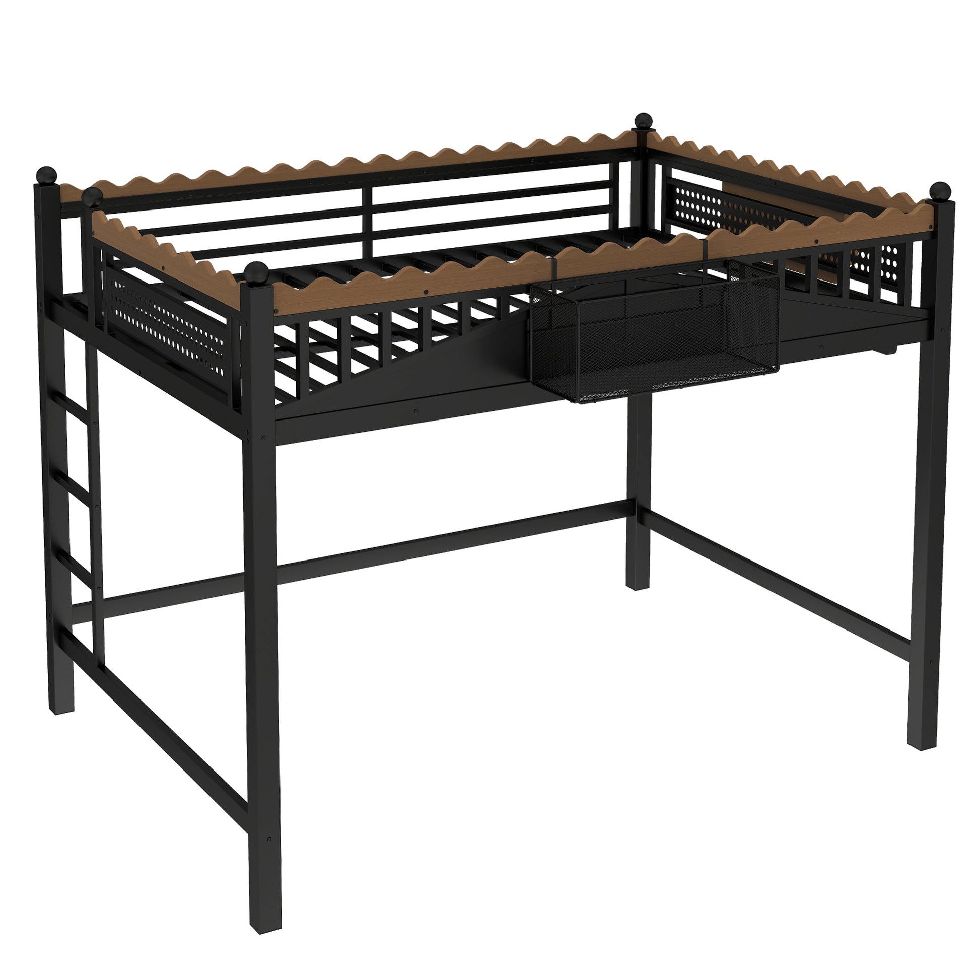 Full-size loft bed with ladders and storage, black metal frame with brown wood guard rails on Tampa Home & Garden Store