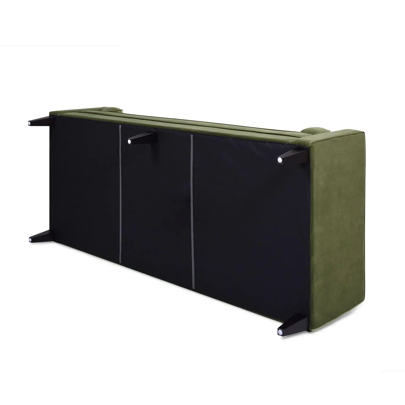 Nicholi olive green sofa with black back panels and metal feet on Tampa Home & Garden Store