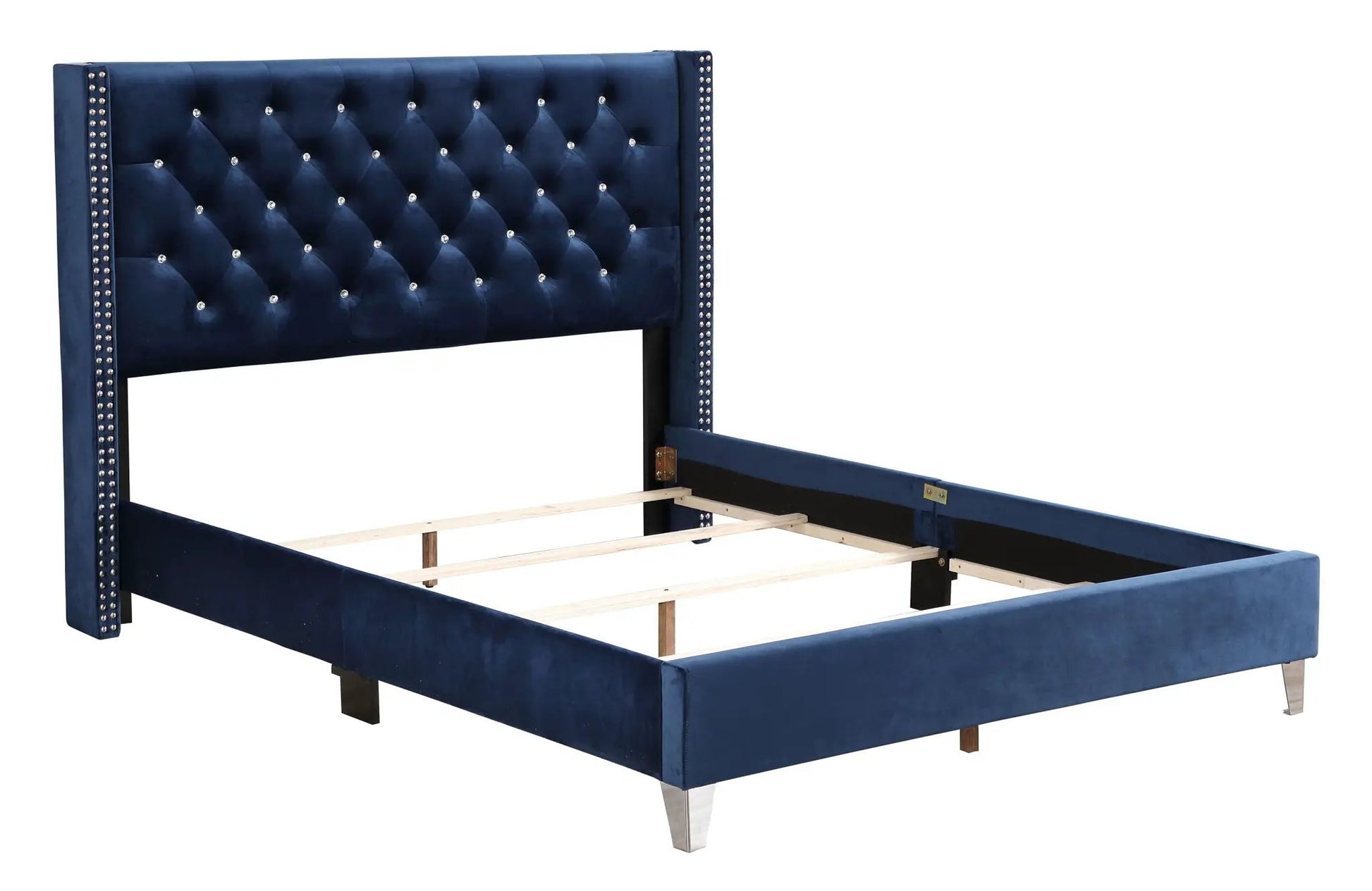 Upholstered Nailhead Trim Chic Bed navy blue velvet tufted headboard with crystal studs on Tampa Home & Garden Store