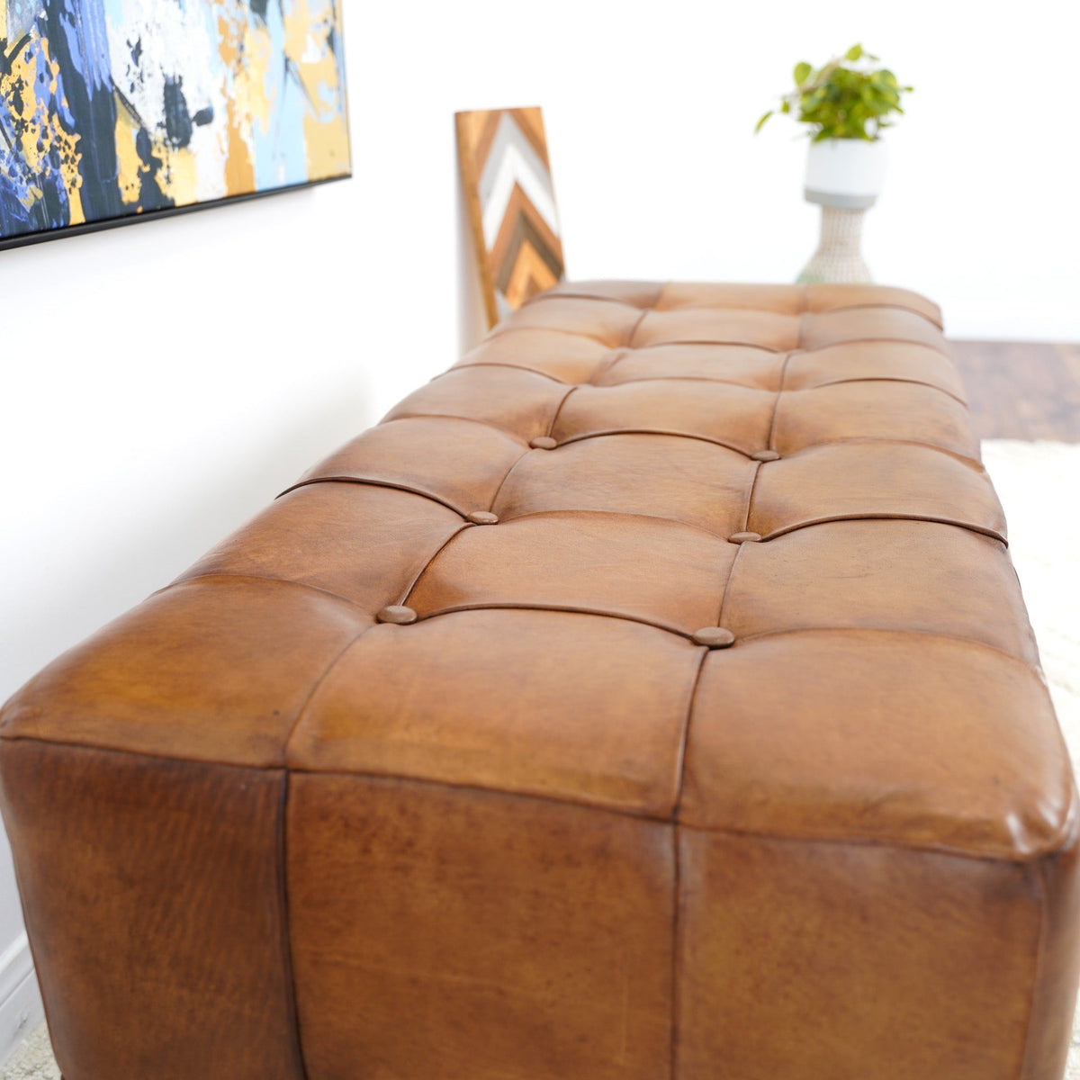 Tan genuine leather upholstered bench with solid wood frame by HouseOfZazla on Tampa Home & Garden Store