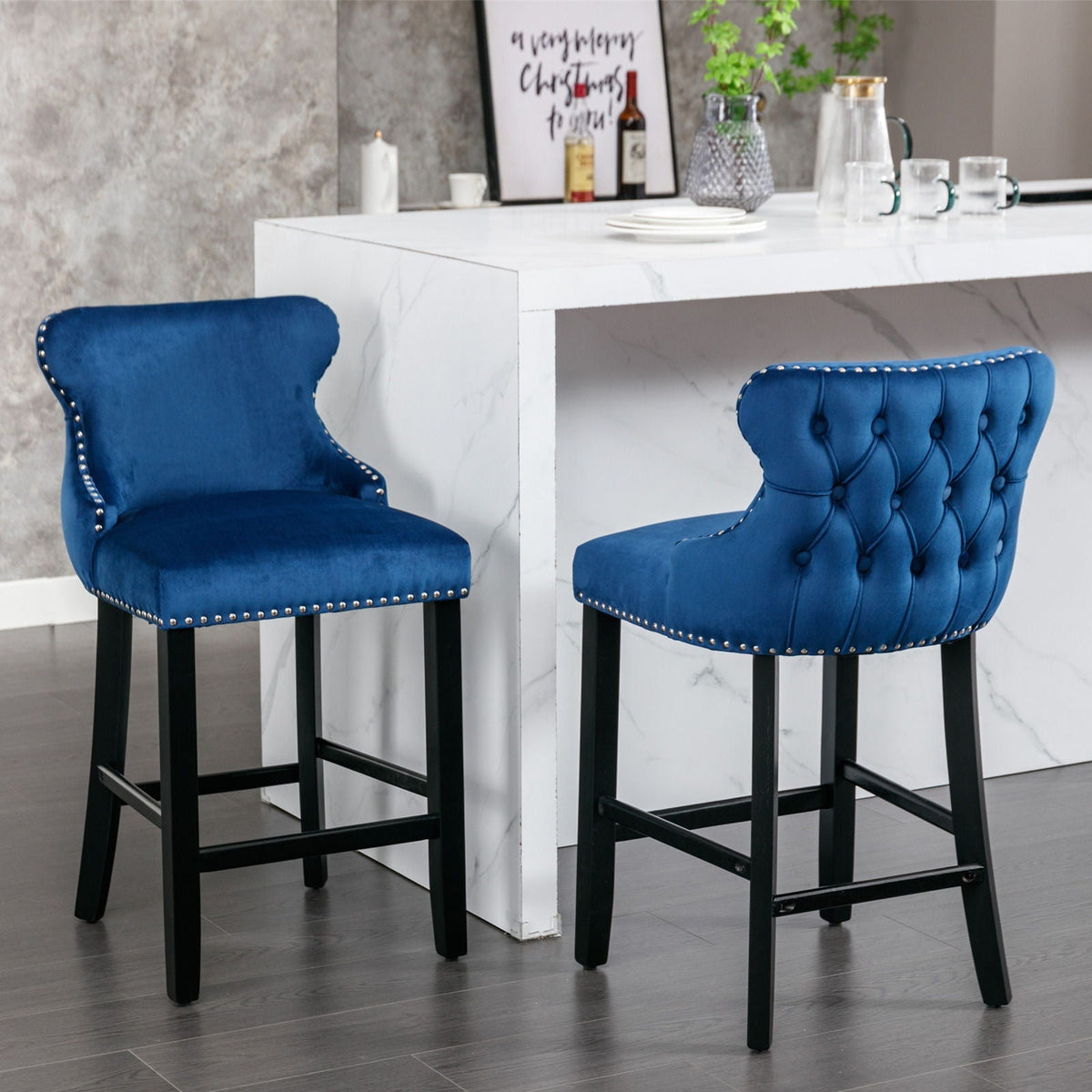 Upholstered wing-back barstools in blue velvet with button tufting and nailhead trim, set of 2, HouseOfZazla on Tampa Home & Garden Store