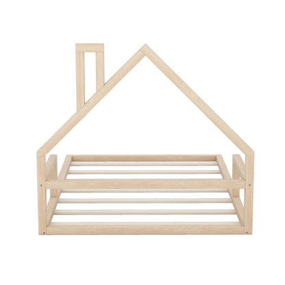 Floor bed with house-shaped headboard by HouseOfZazla, natural wood frame with slats on Tampa Home & Garden Store