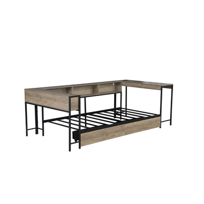 Corner Twin Bed Frame with Bookcase and 2 Underbed Storage Drawers, Gray, HouseOfZazla on Tampa Home & Garden Store