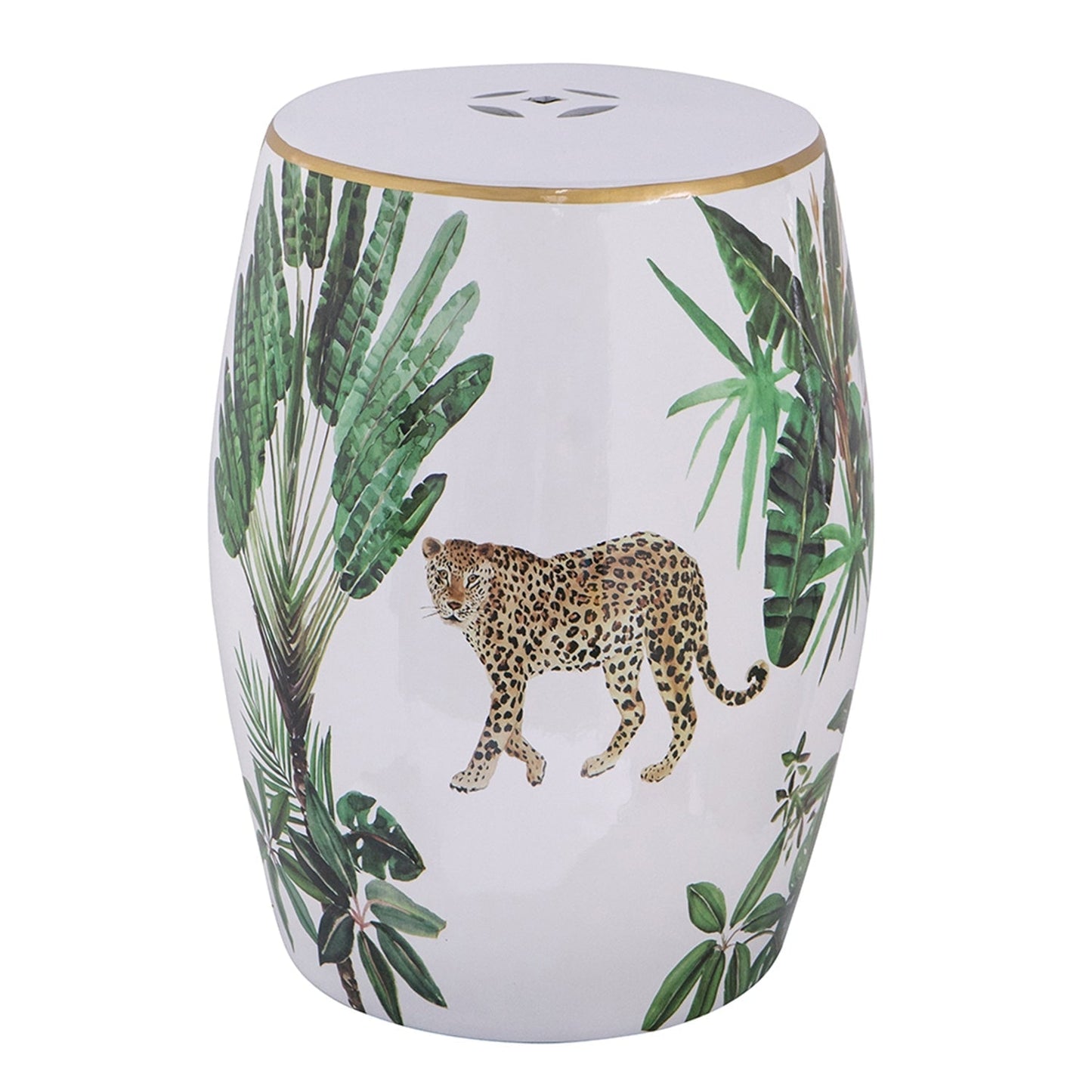 Ceramic garden stool with leopard and jungle leaves, white glaze, gold rim by HouseOfZazla on Tampa Home & Garden Store