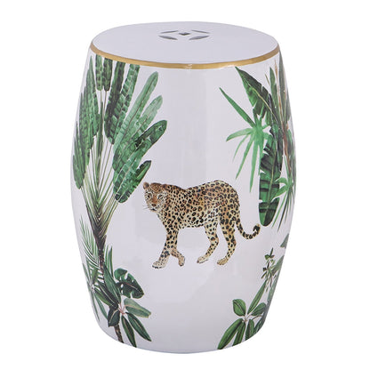 Ceramic garden stool with leopard and jungle leaves, white glaze, gold rim by HouseOfZazla on Tampa Home & Garden Store