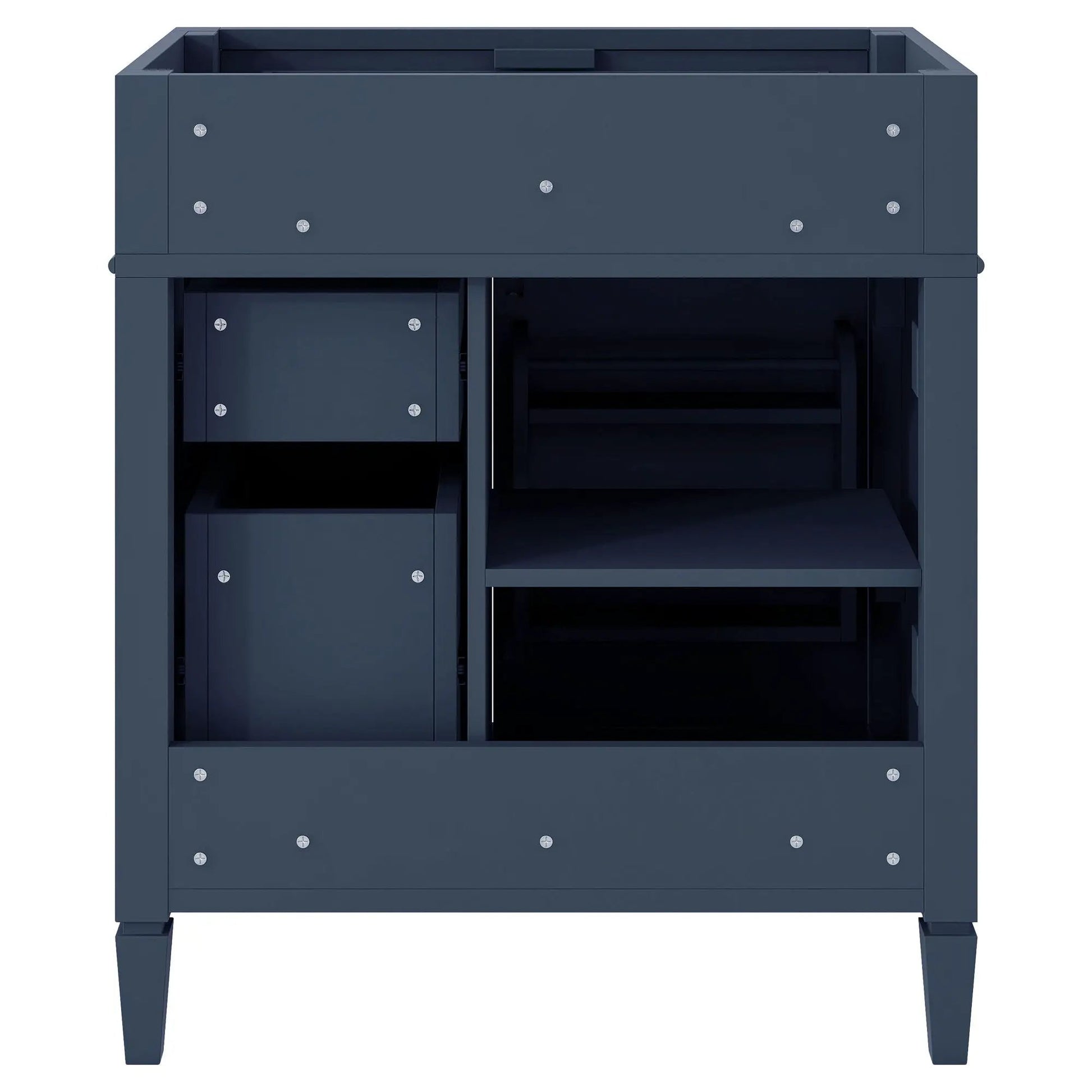 Bathroom vanity base with 2 drawers and tip-out drawer in blue metal finish on Tampa Home & Garden Store