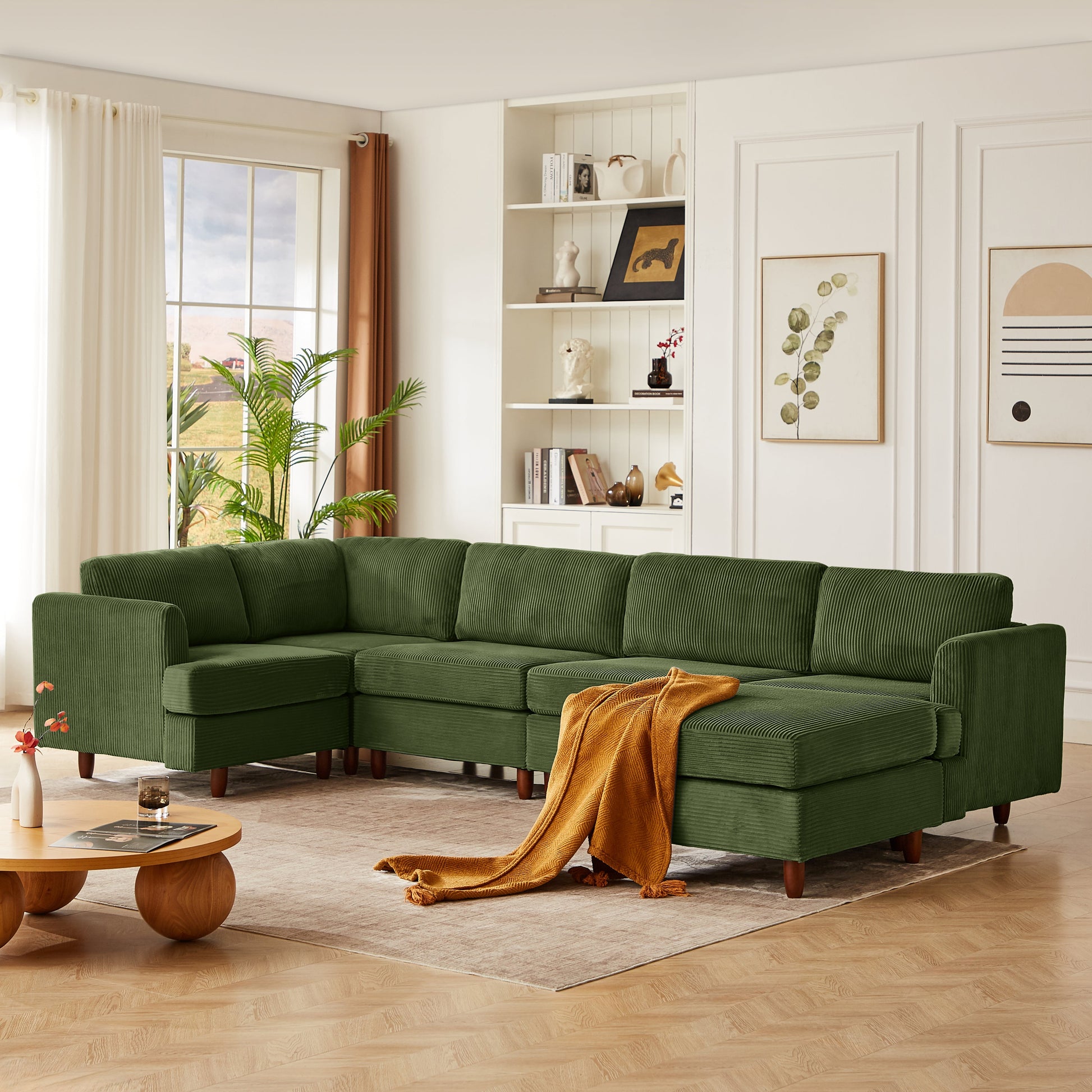 HouseOfZazla Modern Modular Sectional Couch in green corduroy, L-shaped multi-section orange throw on Tampa Home & Garden Store