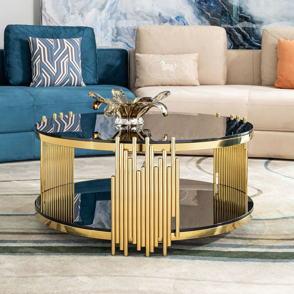 Elegant round table with double-layer tempered glass top and gold ribbed base on Tampa Home & Garden Store