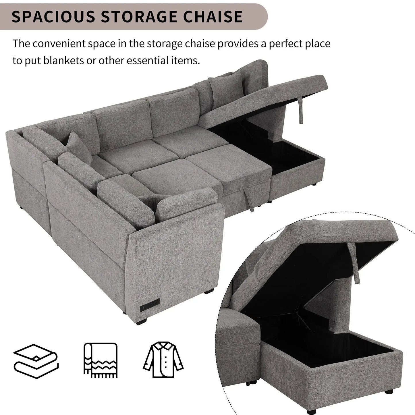 U-shaped sleeper sectional sofa with gray fabric storage chaise, two USB ports and power outlets on Tampa Home & Garden Store
