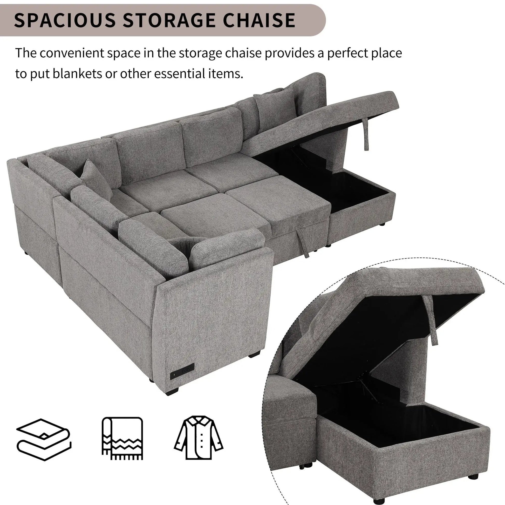 U-shaped sleeper sectional sofa with gray fabric storage chaise, two USB ports and power outlets on Tampa Home & Garden Store