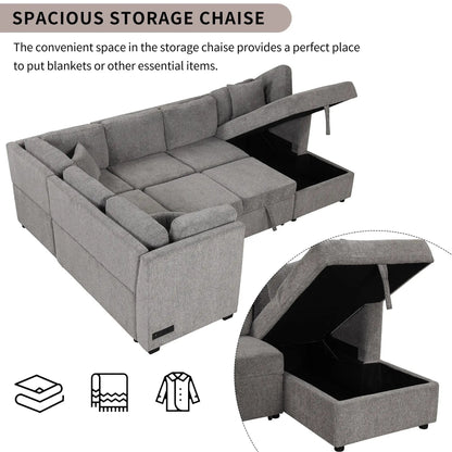 U-shaped sleeper sectional sofa with gray fabric storage chaise, two USB ports and power outlets on Tampa Home & Garden Store