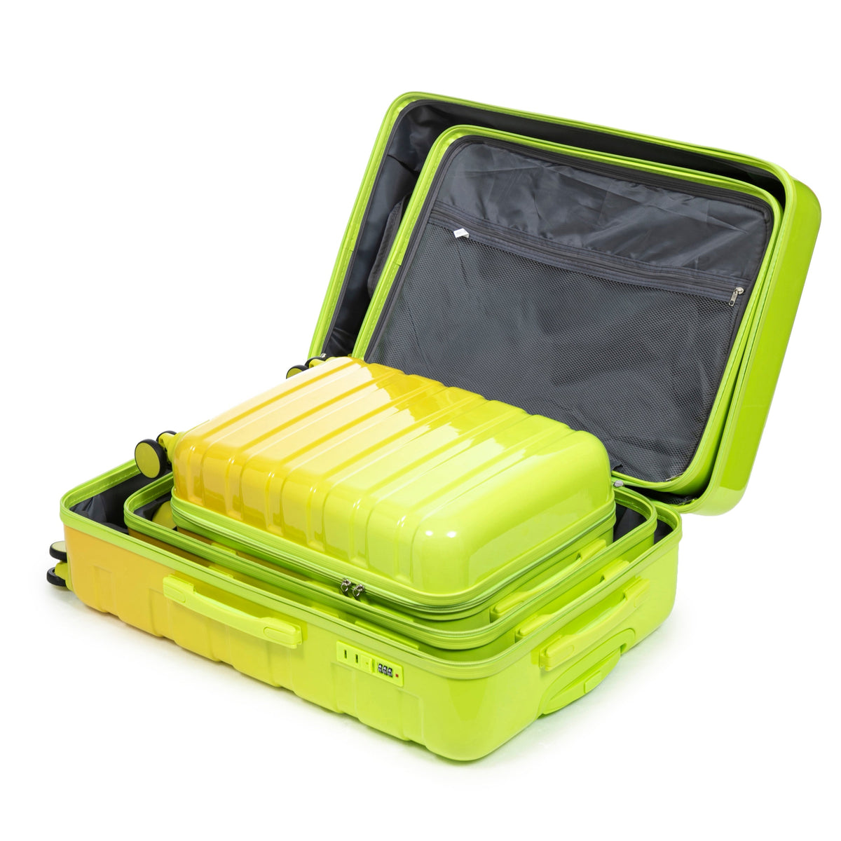 3-Piece spinner luggage set lime green and yellow by HouseOfZazla, open compartments on Tampa Home & Garden Store