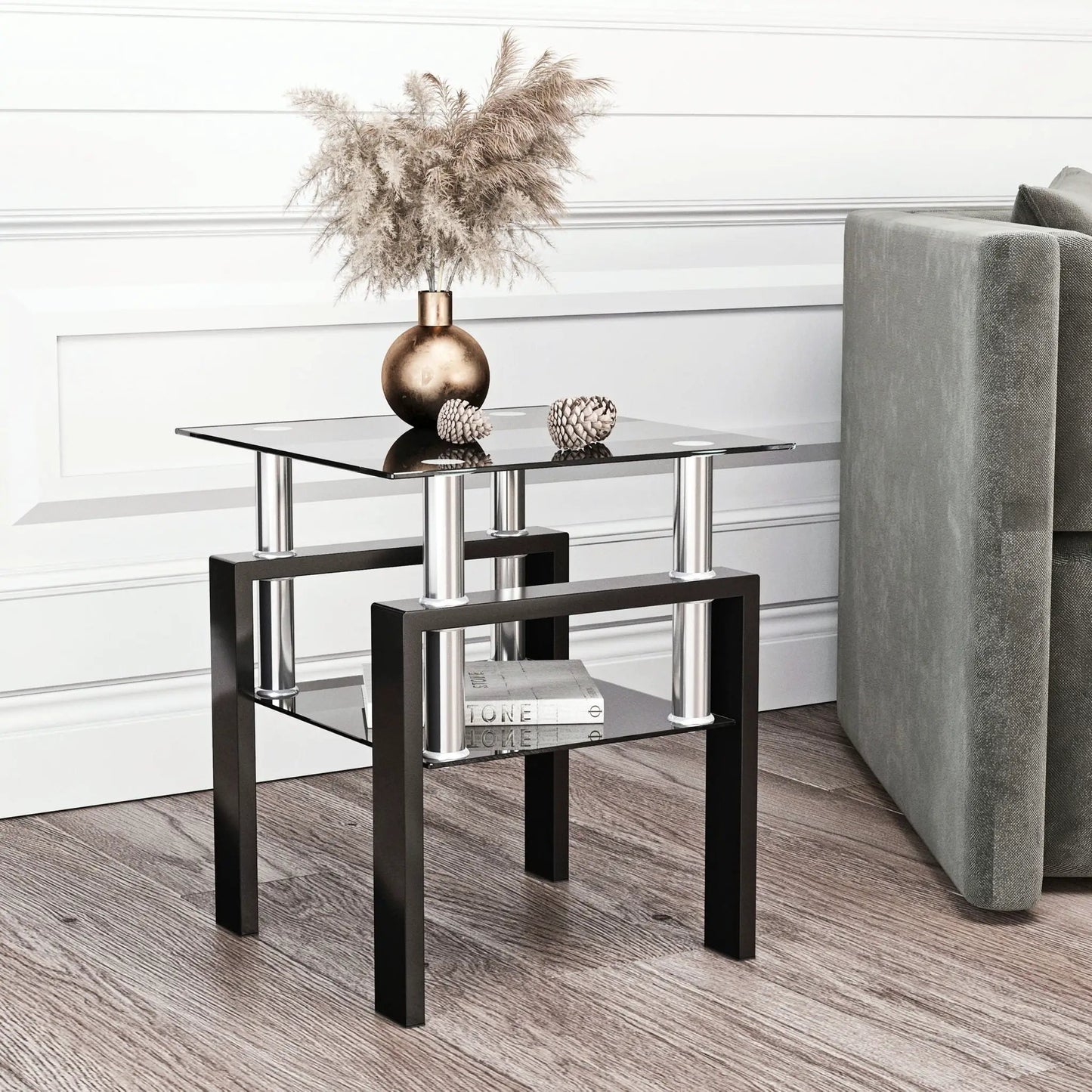 Tempered Glass Tea Table End Square Black
