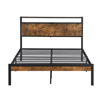 Metal Platform Bed with Wooden Headboard and Usb