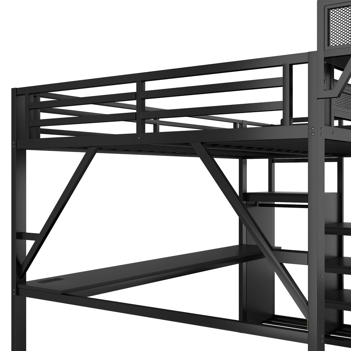 Loft bed with desk and charging station in black metal with stairs HouseOfZazla on Tampa Home & Garden Store