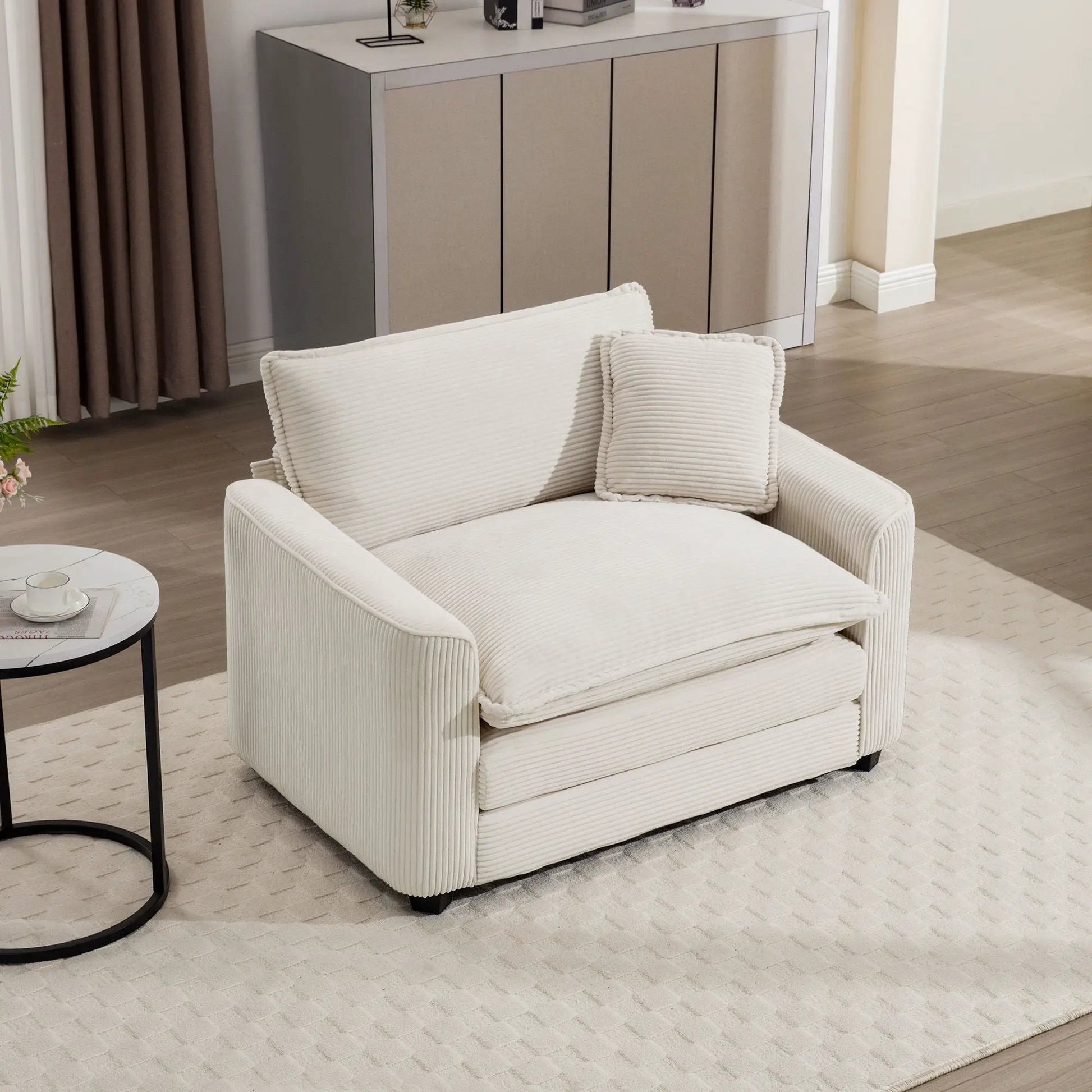 Modern Classic Fabric Single Arm Chair in cream ribbed upholstery with pillow, deep seat on Tampa Home & Garden Store
