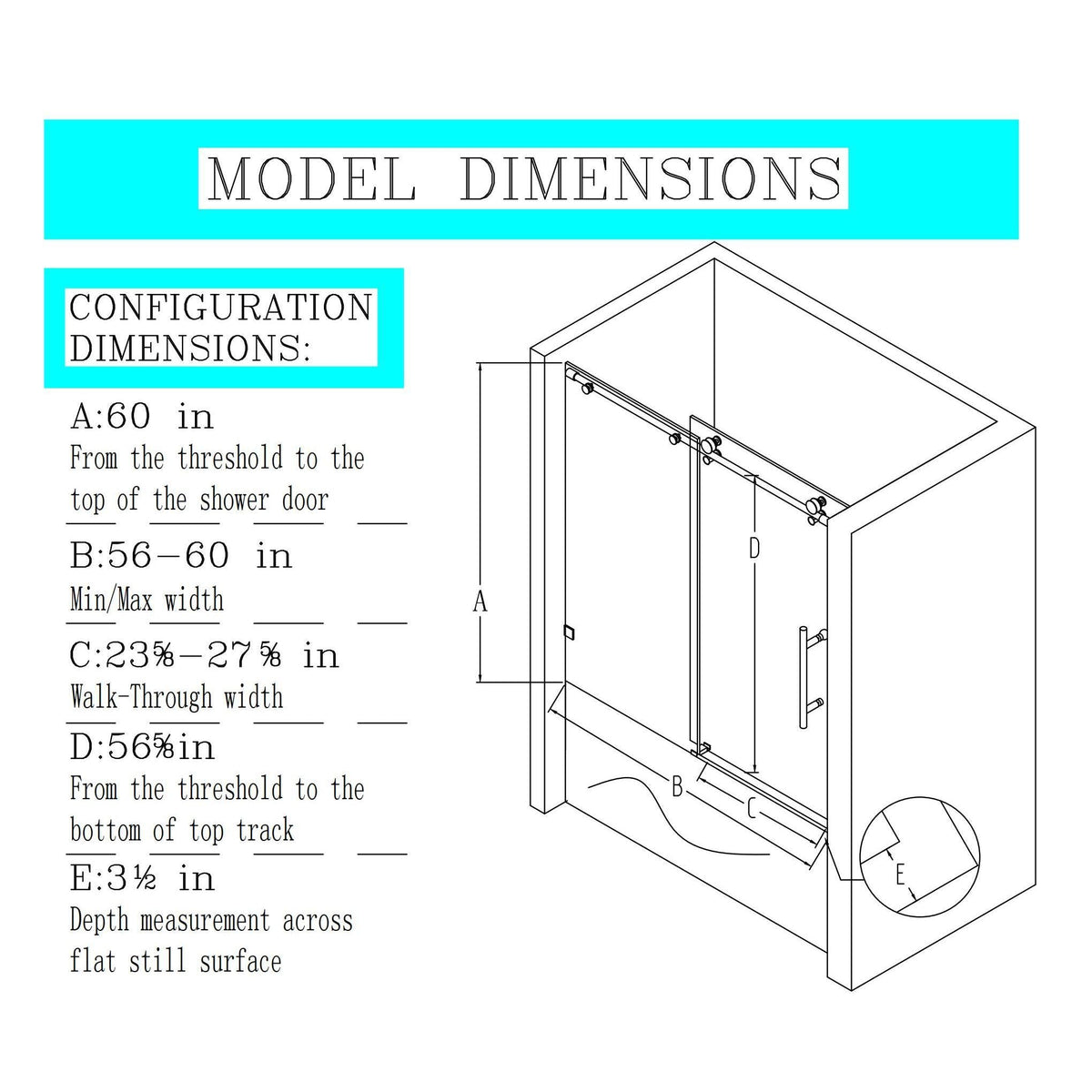 Frameless glass shower doors, single sliding soft-close by HouseOfZazla with top track diagram on Tampa Home & Garden Store
