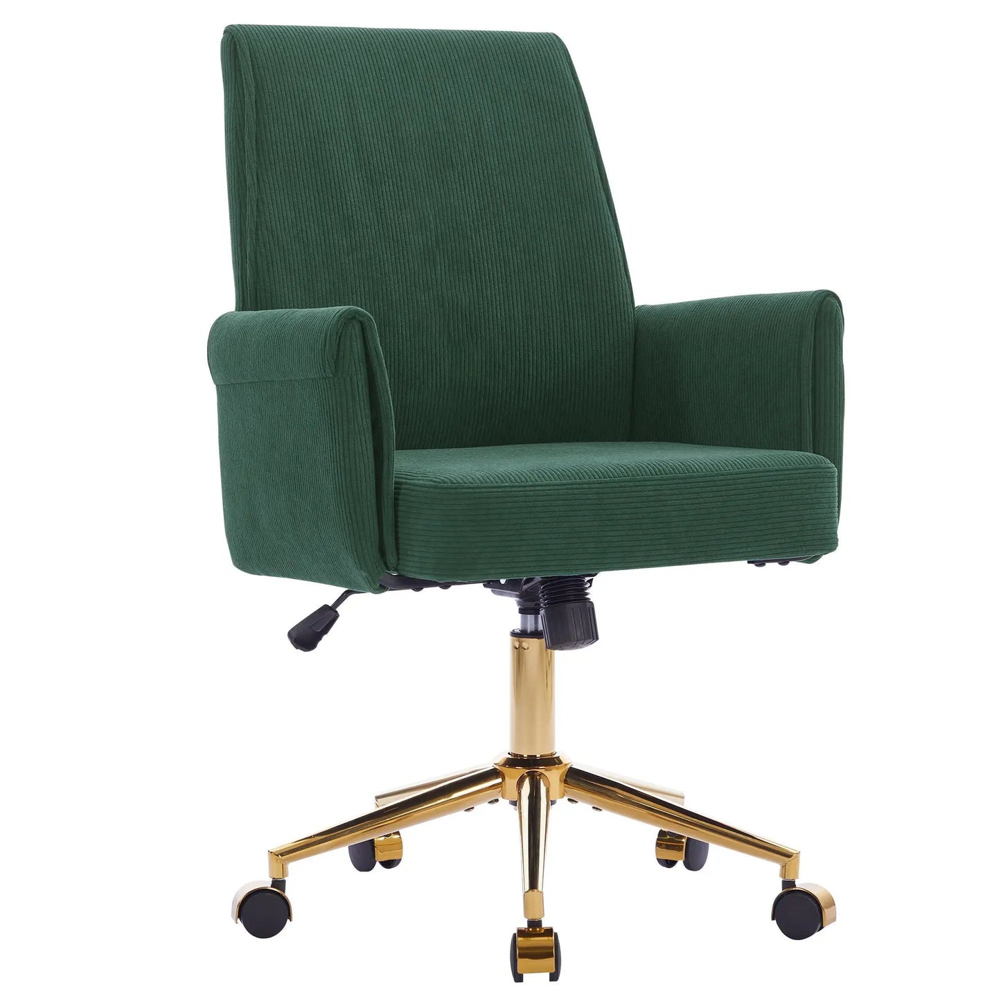 Ergonomic mid back office chair in green corduroy with gold-tone base and wheels on Tampa Home & Garden Store