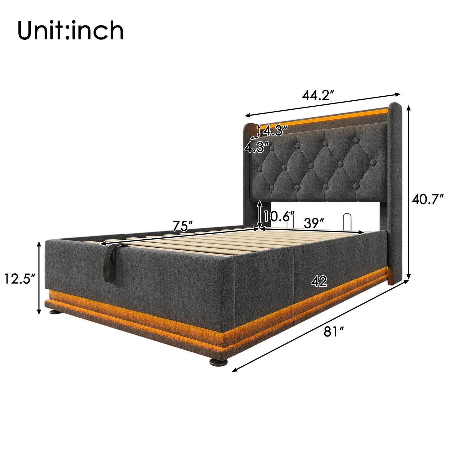 Upholstered storage bed in dark gray fabric with tufted headboard hydraulic storage 360 LED on Tampa Home & Garden Store