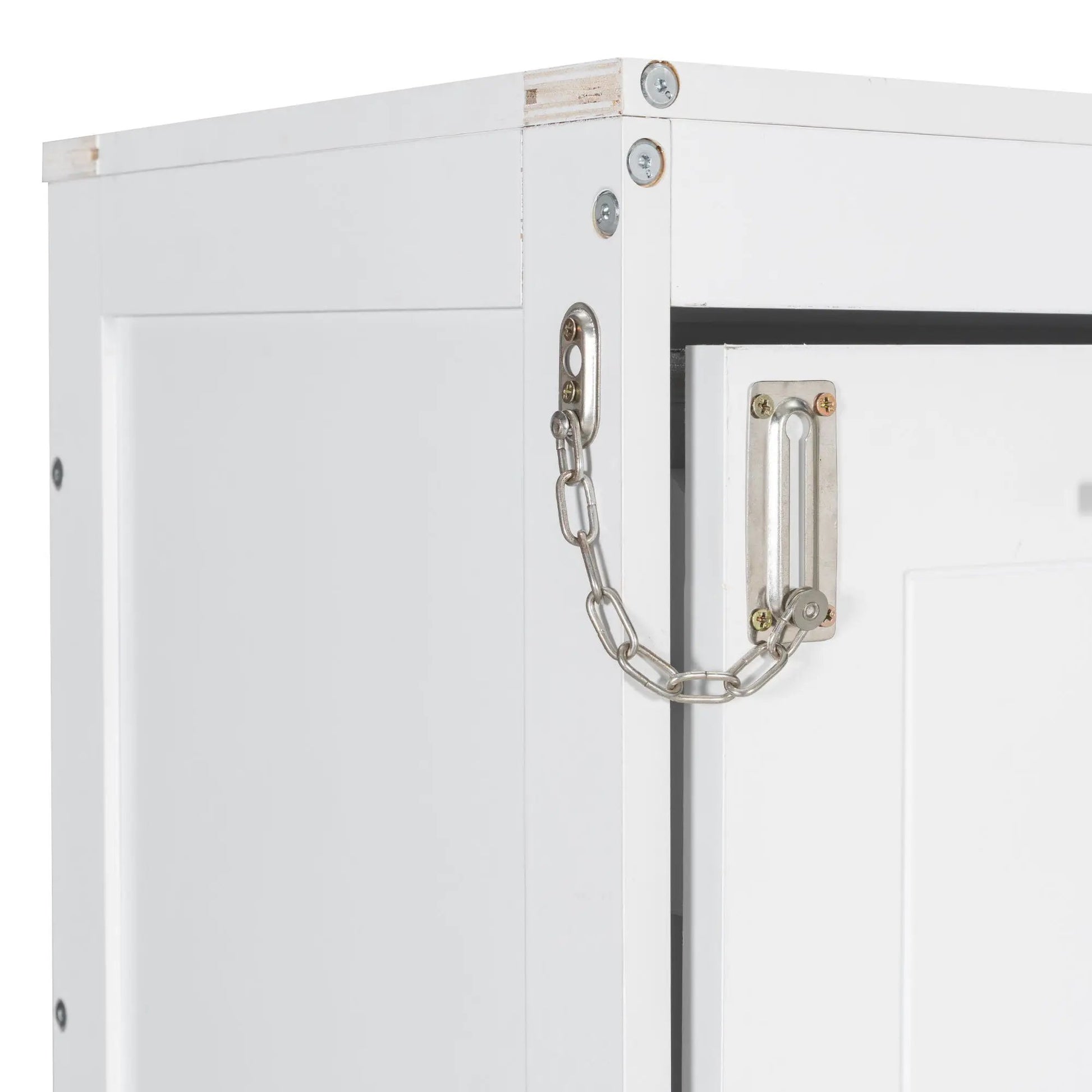 Murphy cabinet bed with folding sofa, white frame, visible metal hinges and chain hardware on Tampa Home & Garden Store