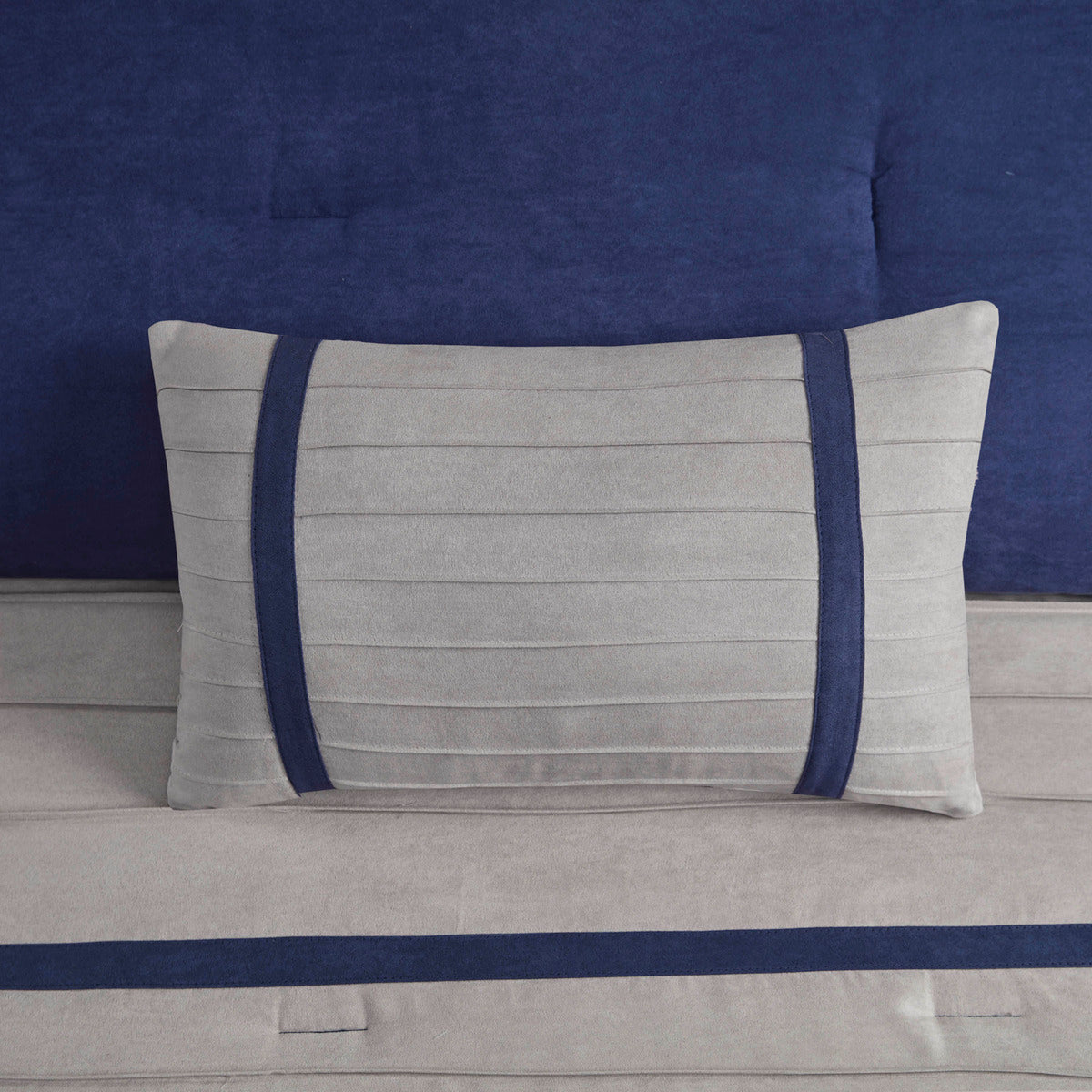7 PC Pieced Faux Suede Comforter Set beige/gray with navy stripes by HouseOfZazla on Tampa Home & Garden Store