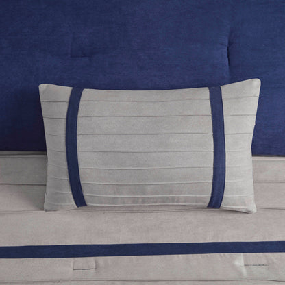 7 PC Pieced Faux Suede Comforter Set beige/gray with navy stripes by HouseOfZazla on Tampa Home & Garden Store