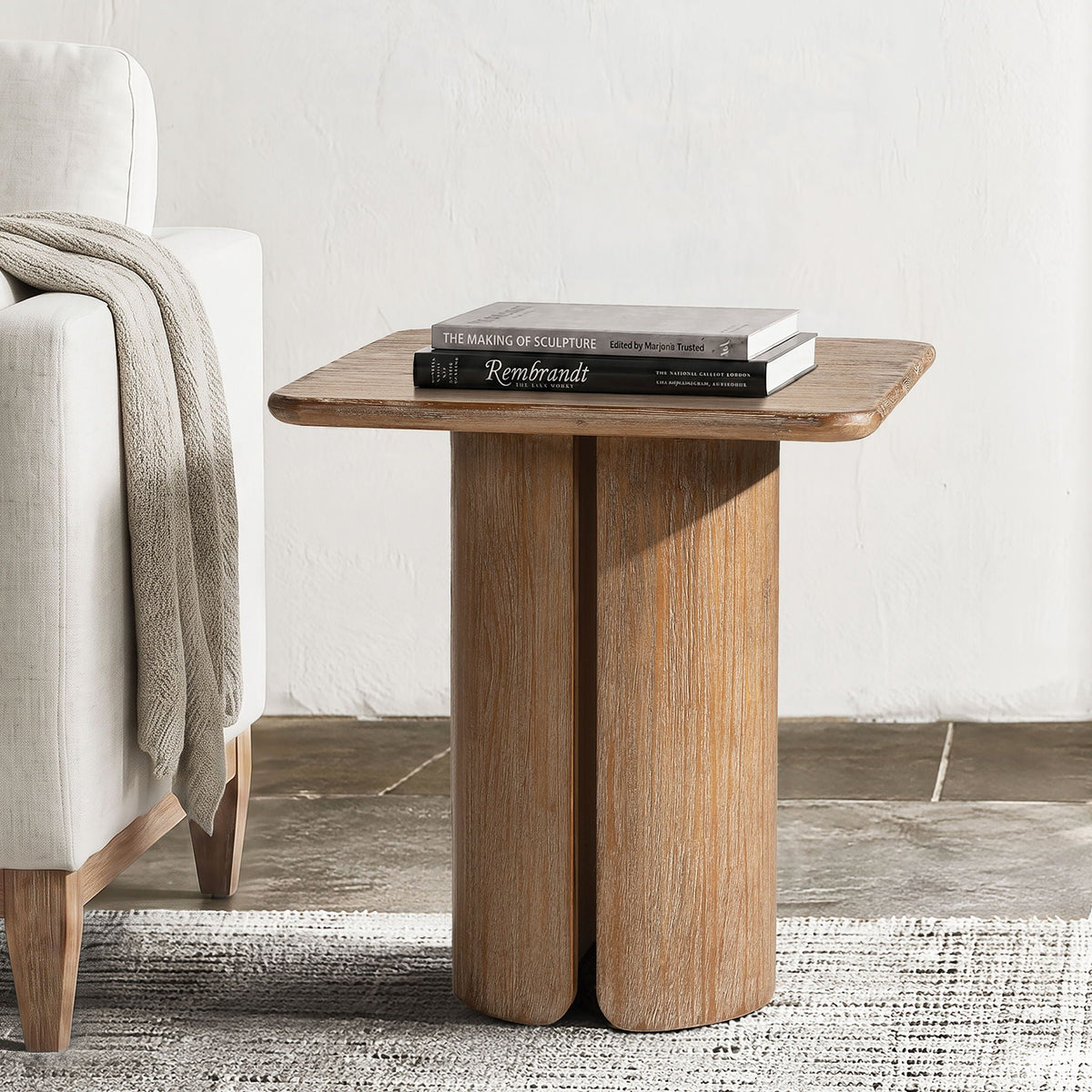 HouseOfZazla antique brown square pedestal side table with dual sculptural wooden bases on Tampa Home & Garden Store