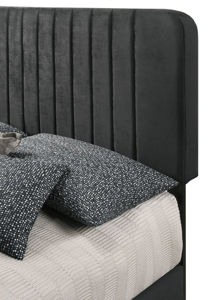 Channel Tufted Bed by HouseOfZazla in dark gray velvet with vertical tufted headboard on Tampa Home & Garden Store