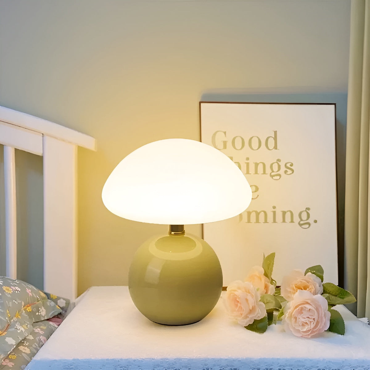 USB Mushroom Lamp Moktan Sabai, green ceramic base with white shade, ambient table lamp on Tampa Home & Garden Store