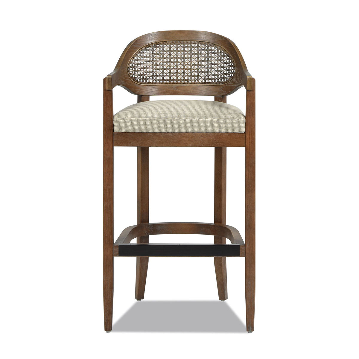 Mid-Century Cane Back Counter Stool, beige upholstered seat, wooden frame by HouseOfZazla on Tampa Home & Garden Store