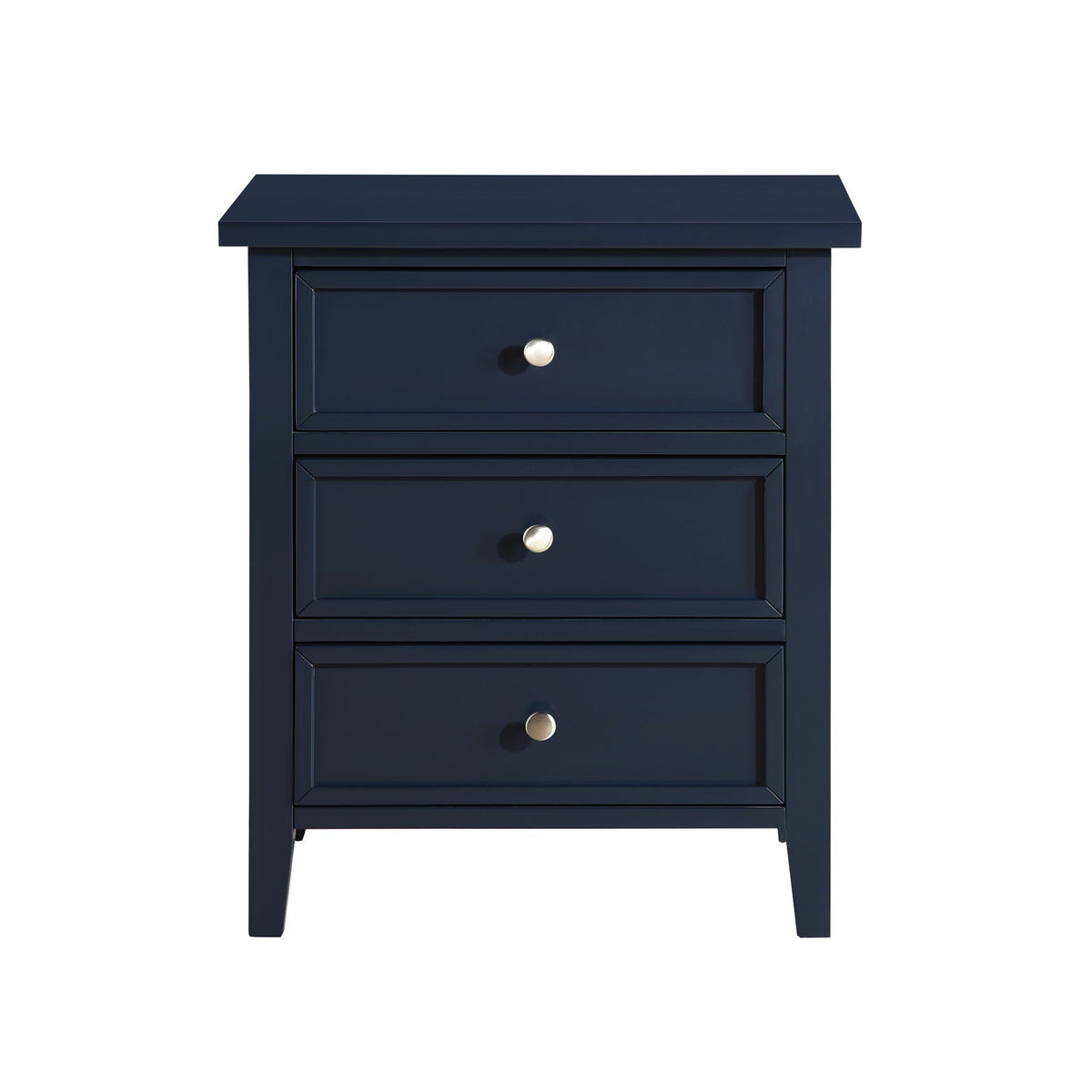 3 Drawer Nightstand in navy blue with silver metal knobs and metal glides on Tampa Home & Garden Store