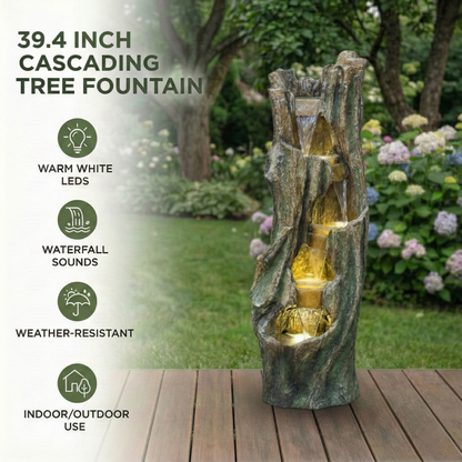 Cascading tree fountain, 39.4 inch, by HouseOfZazla with warm white LEDs for outdoor gardens on Tampa Home & Garden Store
