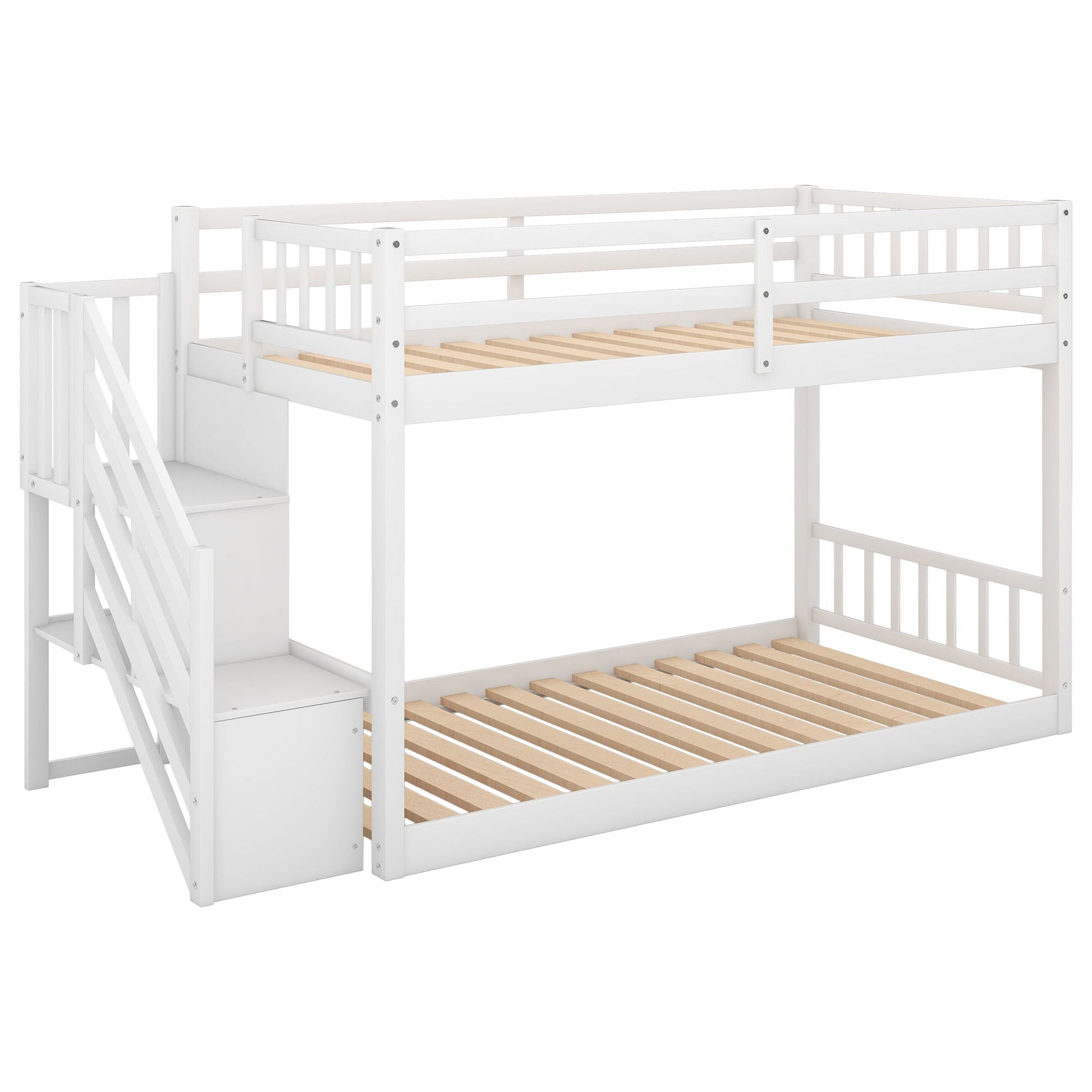 Twin Over Twin Floor Bunk Bed in white wood with built-in ladder storage and drawers on Tampa Home & Garden Store