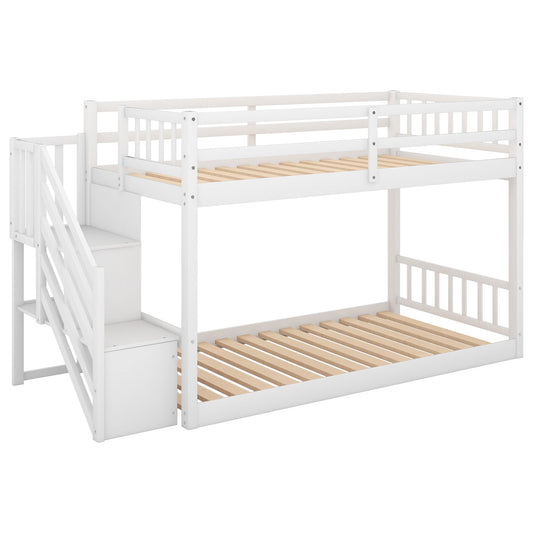 Twin Over Twin Floor Bunk Bed in white wood with built-in ladder storage and drawers on Tampa Home & Garden Store