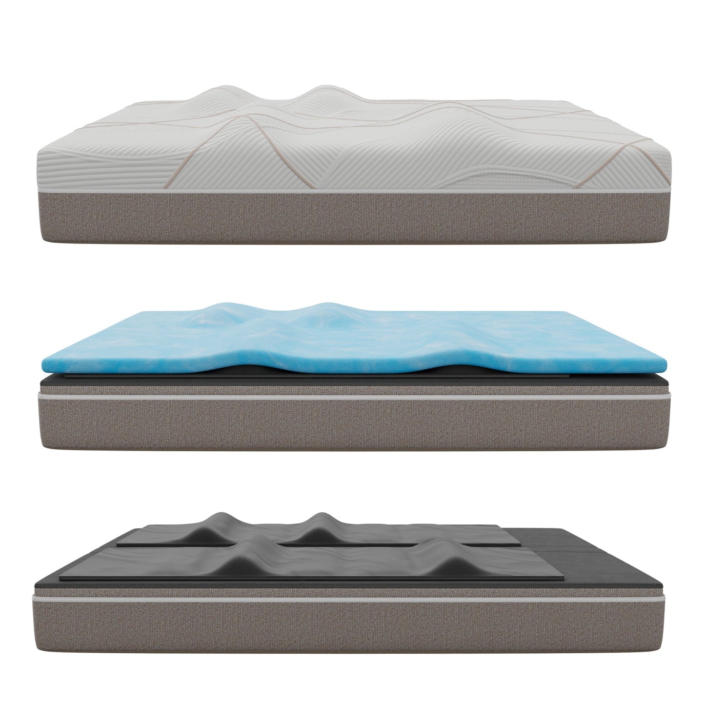 Ghostbed Massage Mattress Hybrid Profile layered view with white quilted top and blue topper on Tampa Home & Garden Store