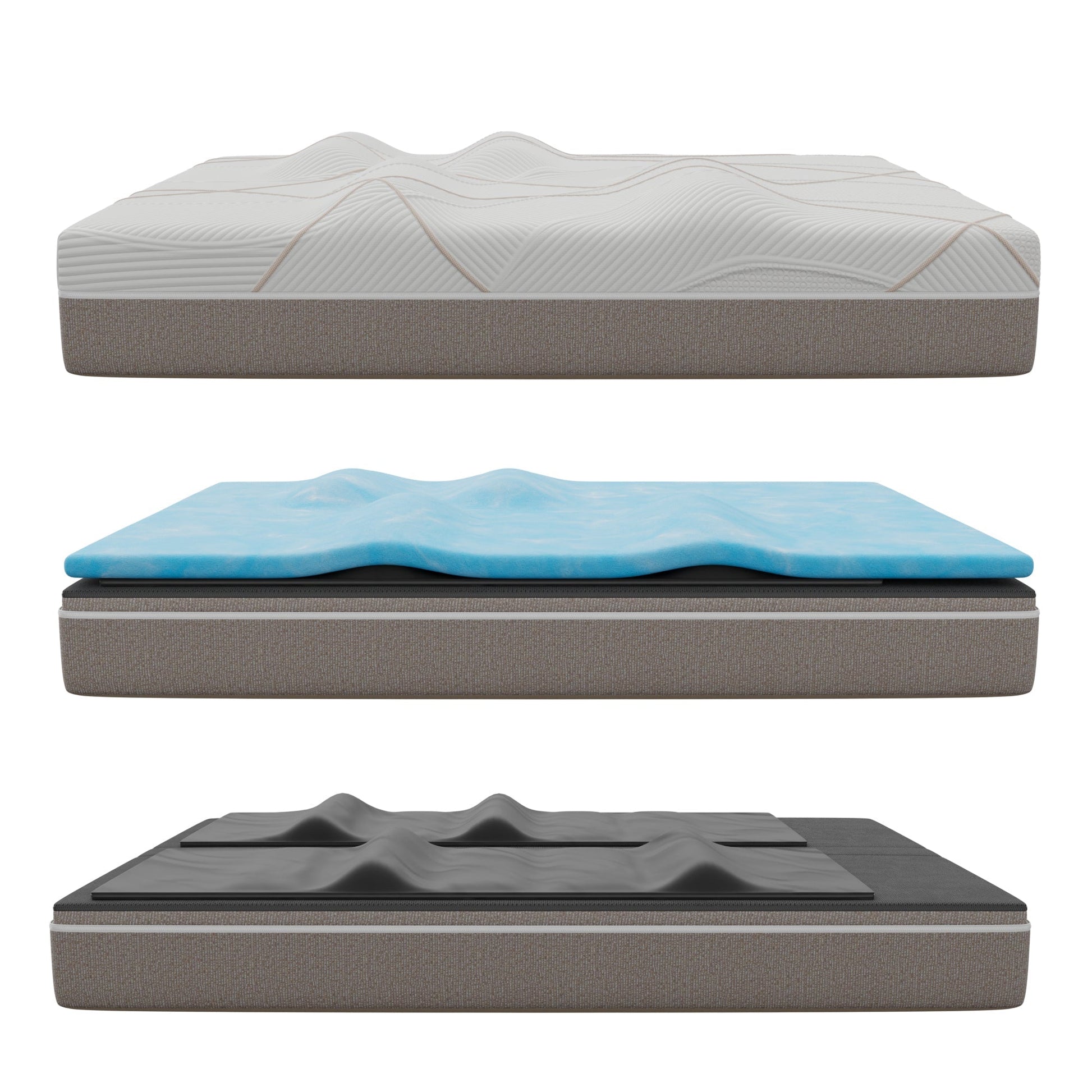 Ghostbed Massage Mattress Hybrid Profile layered view with white quilted top and blue topper on Tampa Home & Garden Store