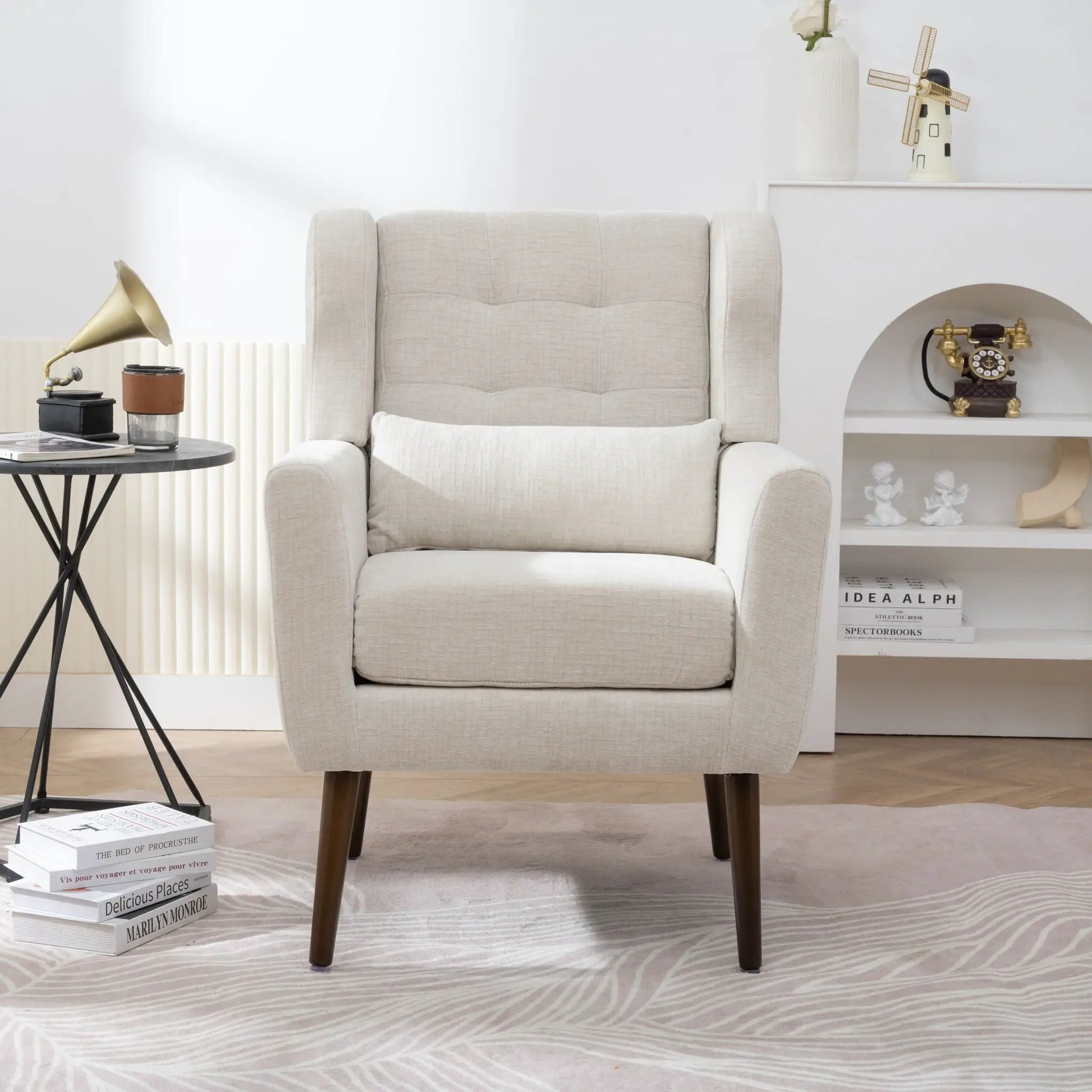 Modern fabric accent chair, foam-filled, beige upholstery, mid-century style with wooden legs on Tampa Home & Garden Store