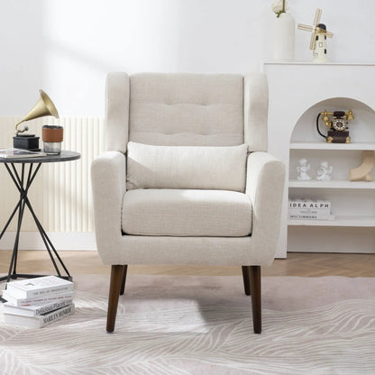 Modern fabric accent chair, foam-filled, beige upholstery, mid-century style with wooden legs on Tampa Home & Garden Store