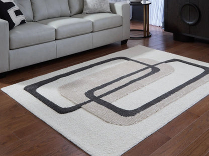Davismour rug cream beige area rug with black geometric border on hardwood floor on Tampa Home & Garden Store
