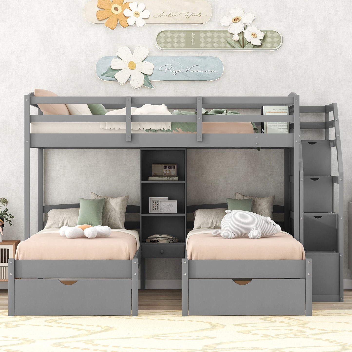 Gray twin over twin bunk bed with drawers, staircase storage, built-in shelves on Tampa Home & Garden Store