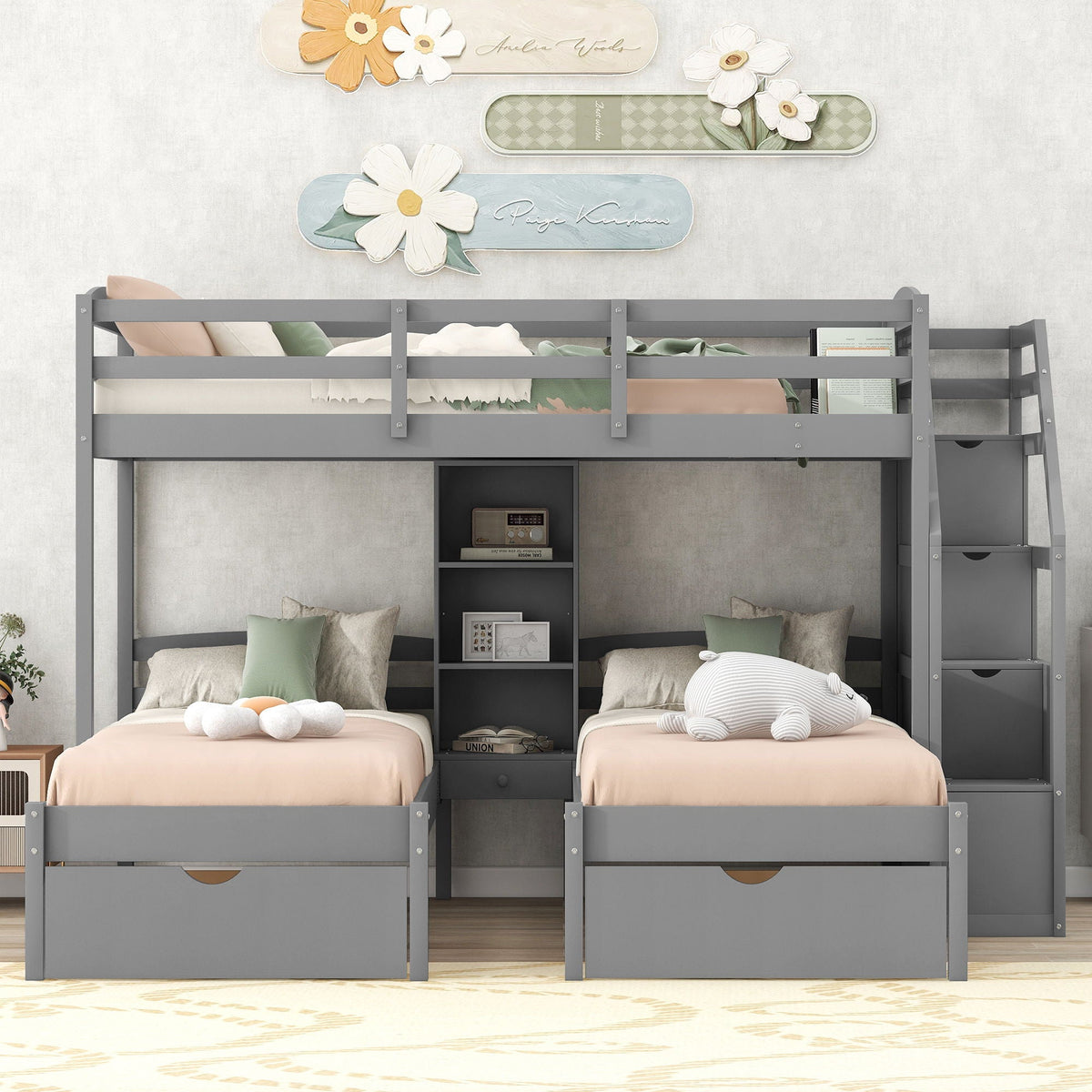 Gray twin over twin bunk bed with drawers, staircase storage, built-in shelves on Tampa Home & Garden Store