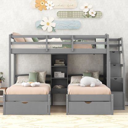 Gray twin over twin bunk bed with drawers, staircase storage, built-in shelves on Tampa Home & Garden Store