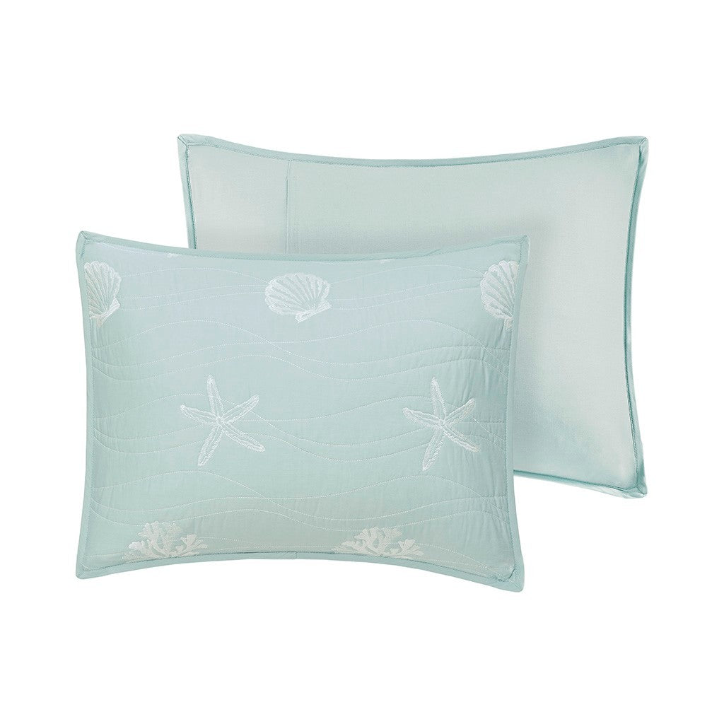 Cotton reversible quilt set with two aqua throw pillows; sea-shell and starfish embroidery on Tampa Home & Garden Store