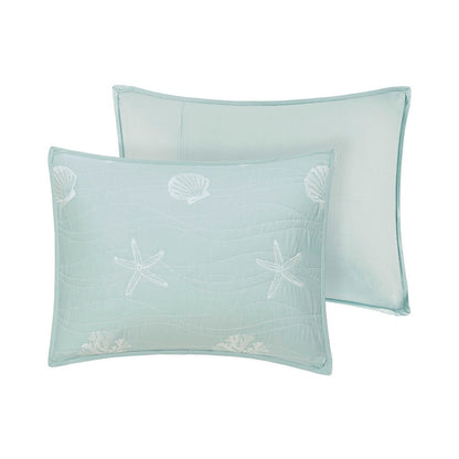 Cotton reversible quilt set with two aqua throw pillows; sea-shell and starfish embroidery on Tampa Home & Garden Store