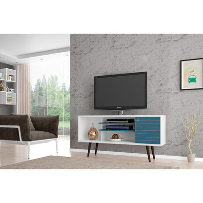 Smart Storage TV Stand with solid wood legs, white body and blue drawers, TV on top with shelves on Tampa Home & Garden Store